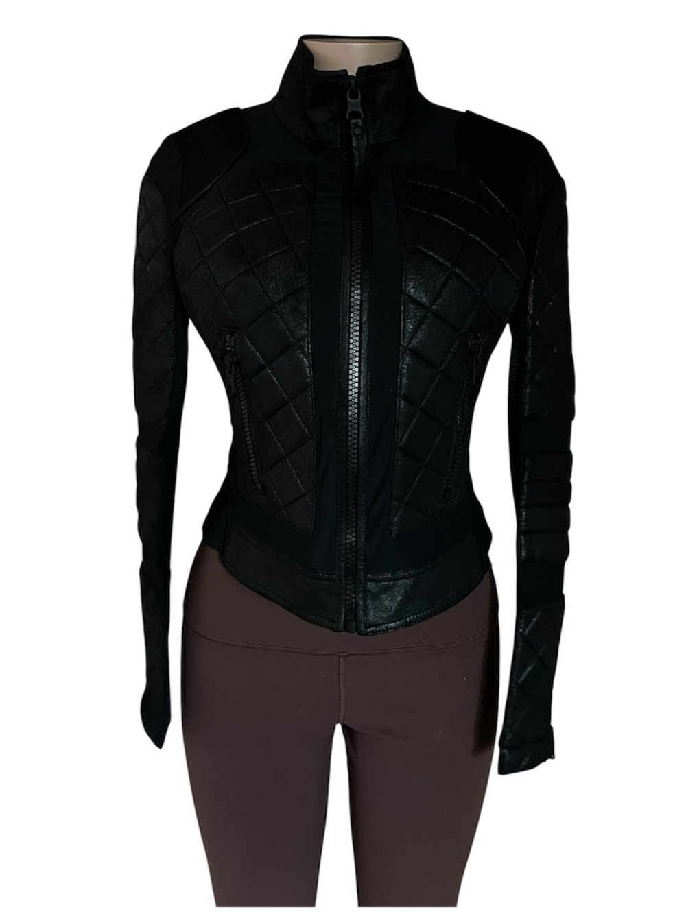 BLANC NOIR CLASSIC BLACK QUILTED GENUINE LEATHER MESH MOTO JACKET - Picture 6 of 12